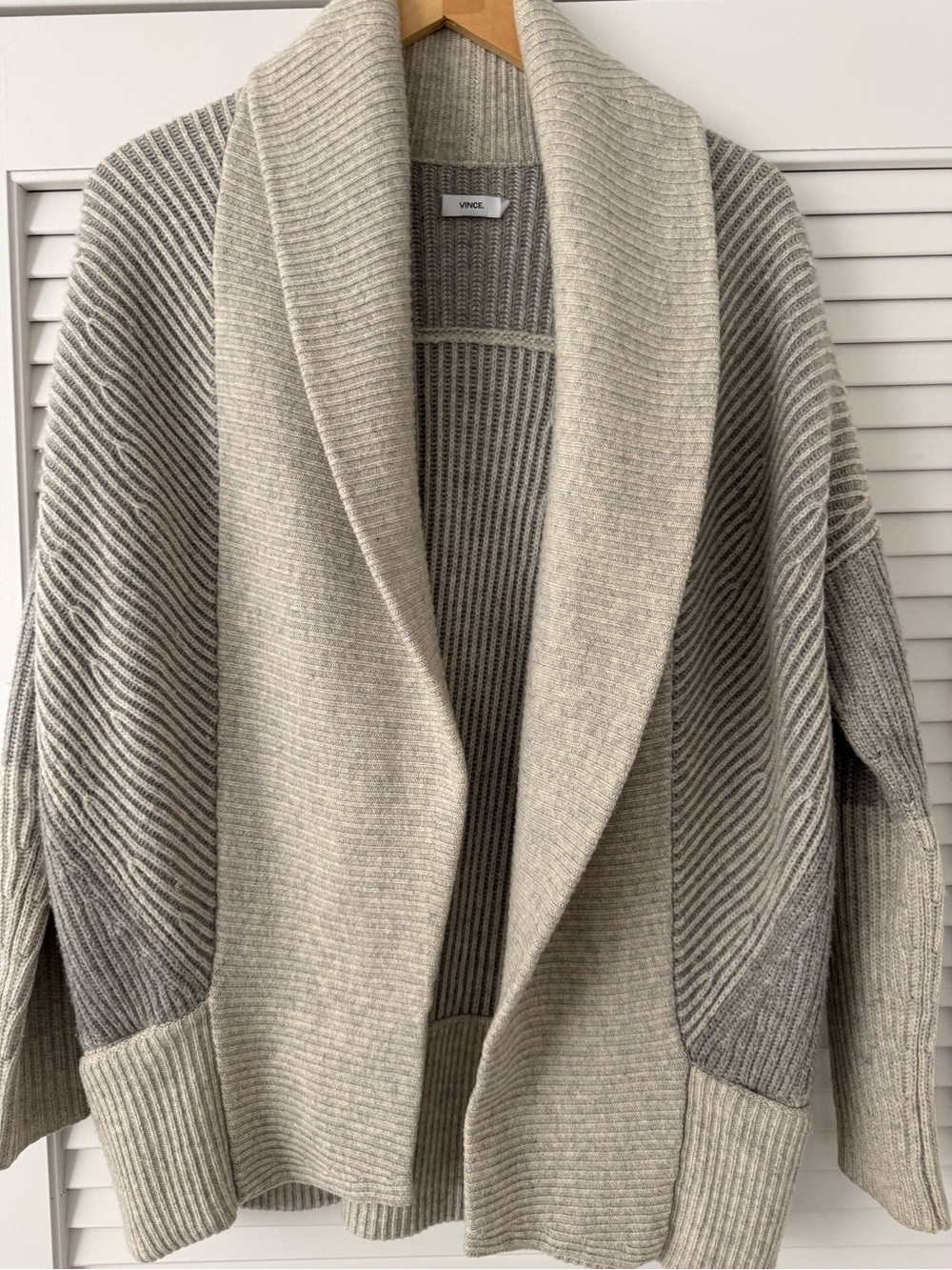 Vince Neutral Shawl Collar Ribbed Cardigan in Stone